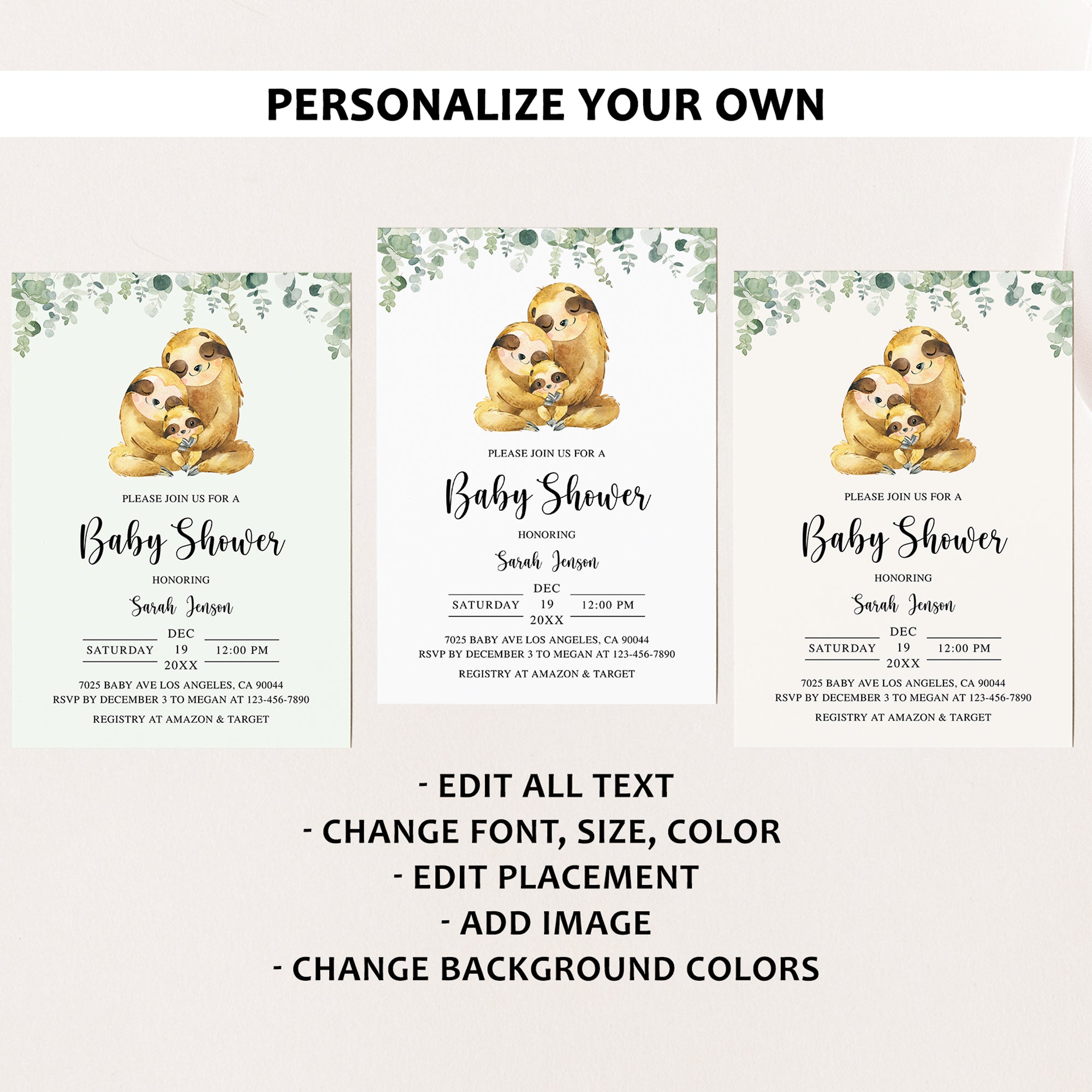 Sloth Family Baby Shower Invite