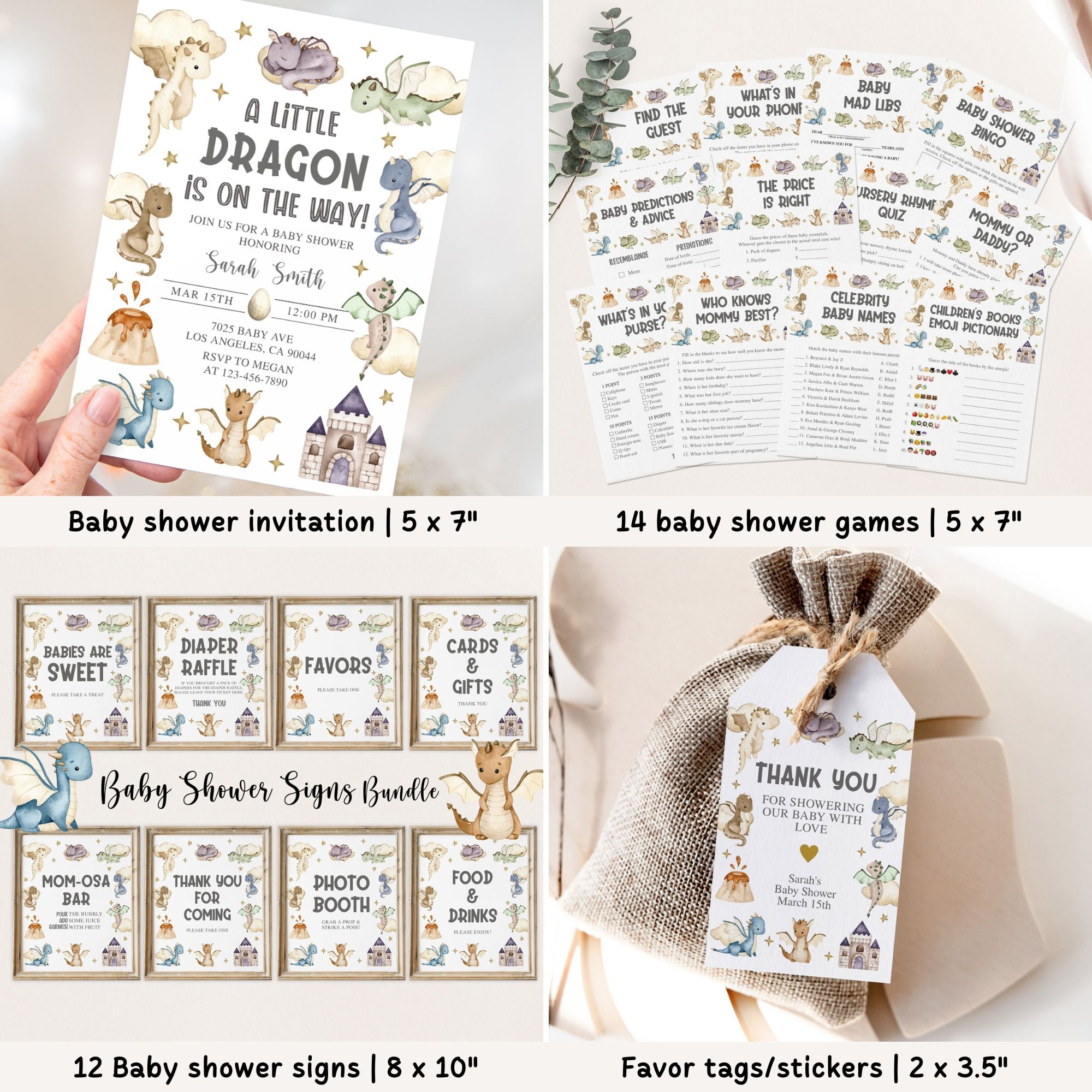 Complete Colorful Dragon Baby Shower Bundle