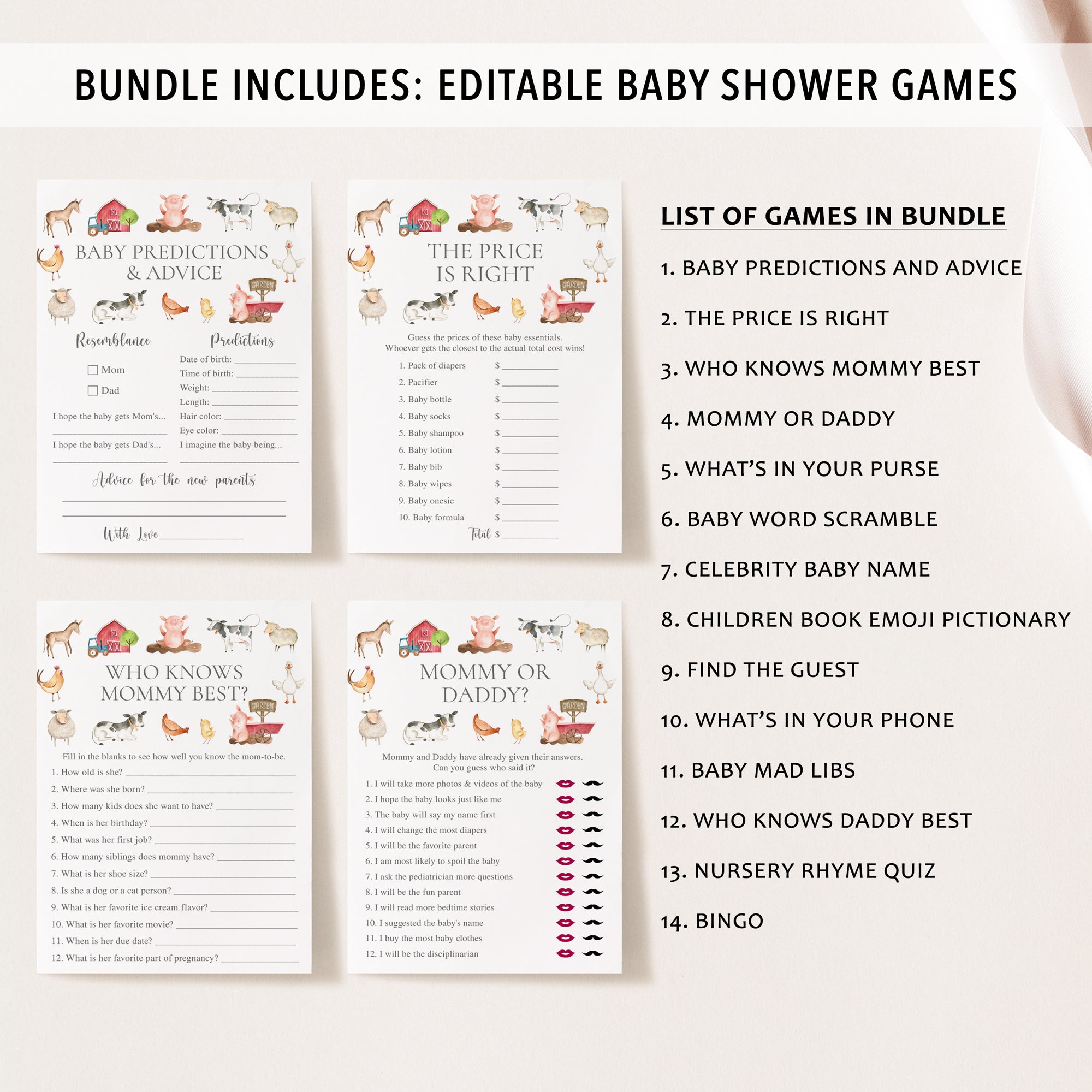 Complete Farm Animals Baby Shower Bundle