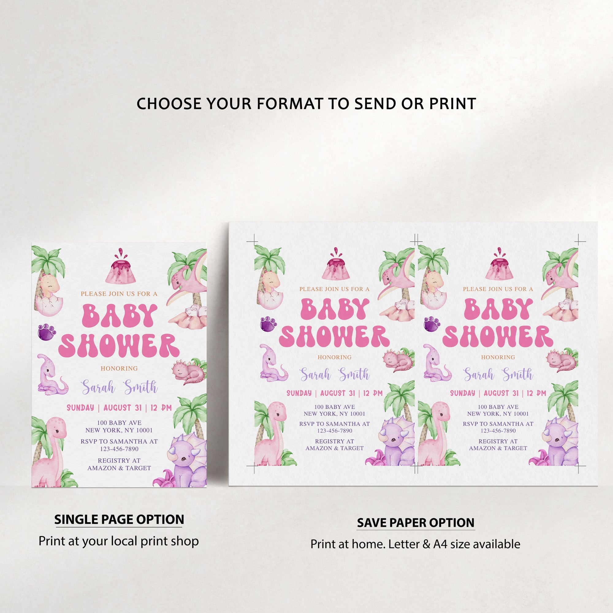 Girl Dinosaur Baby Shower Invite