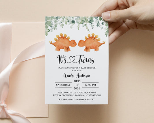 Twin Triceratops Baby Shower Invite