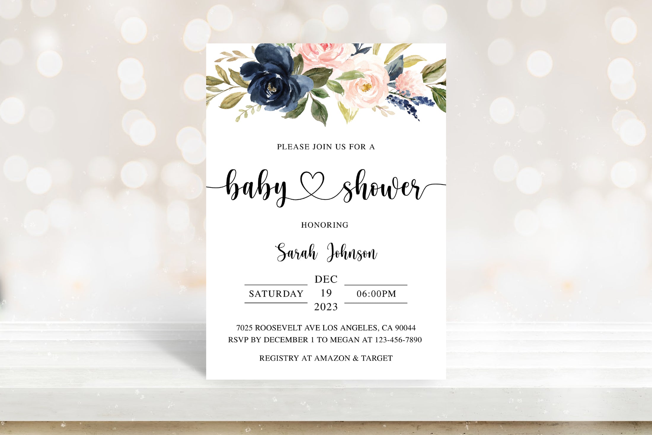 Blush Navy Floral Baby Shower Invite & Games