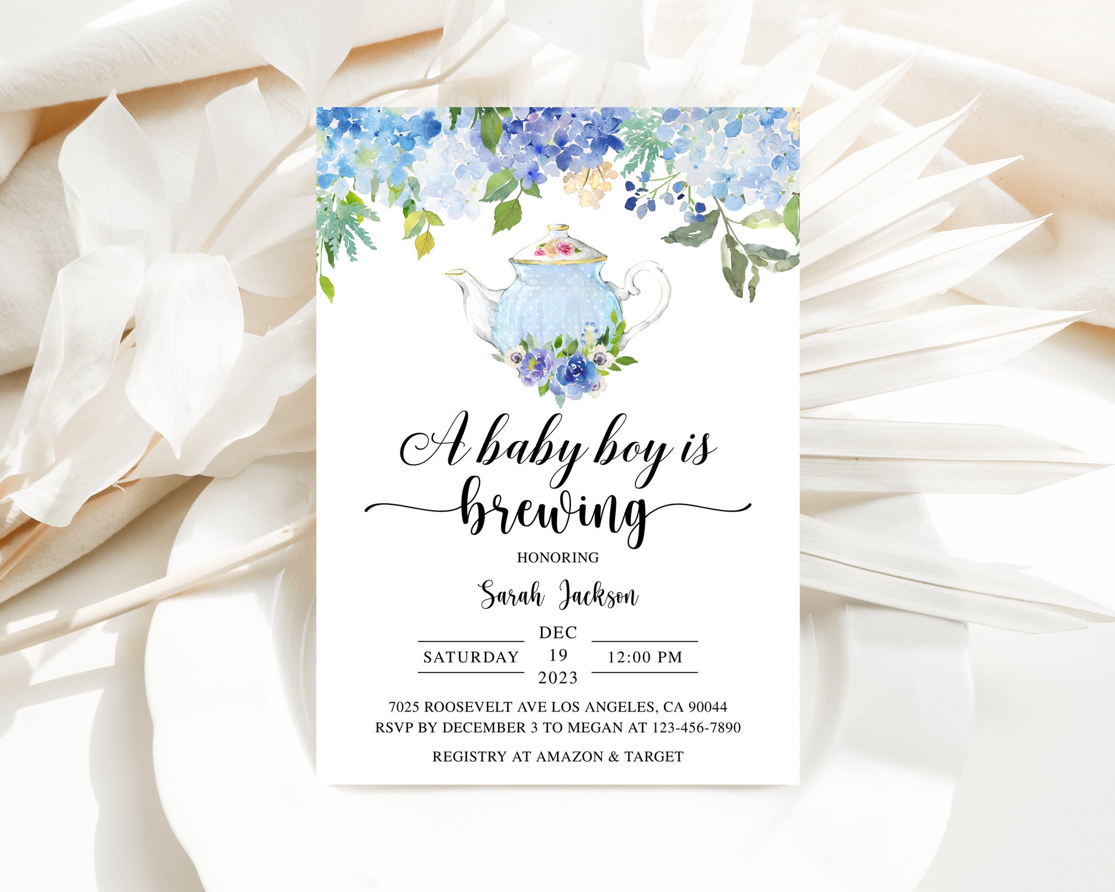 Blue Tea Party Baby Shower Invite & Games