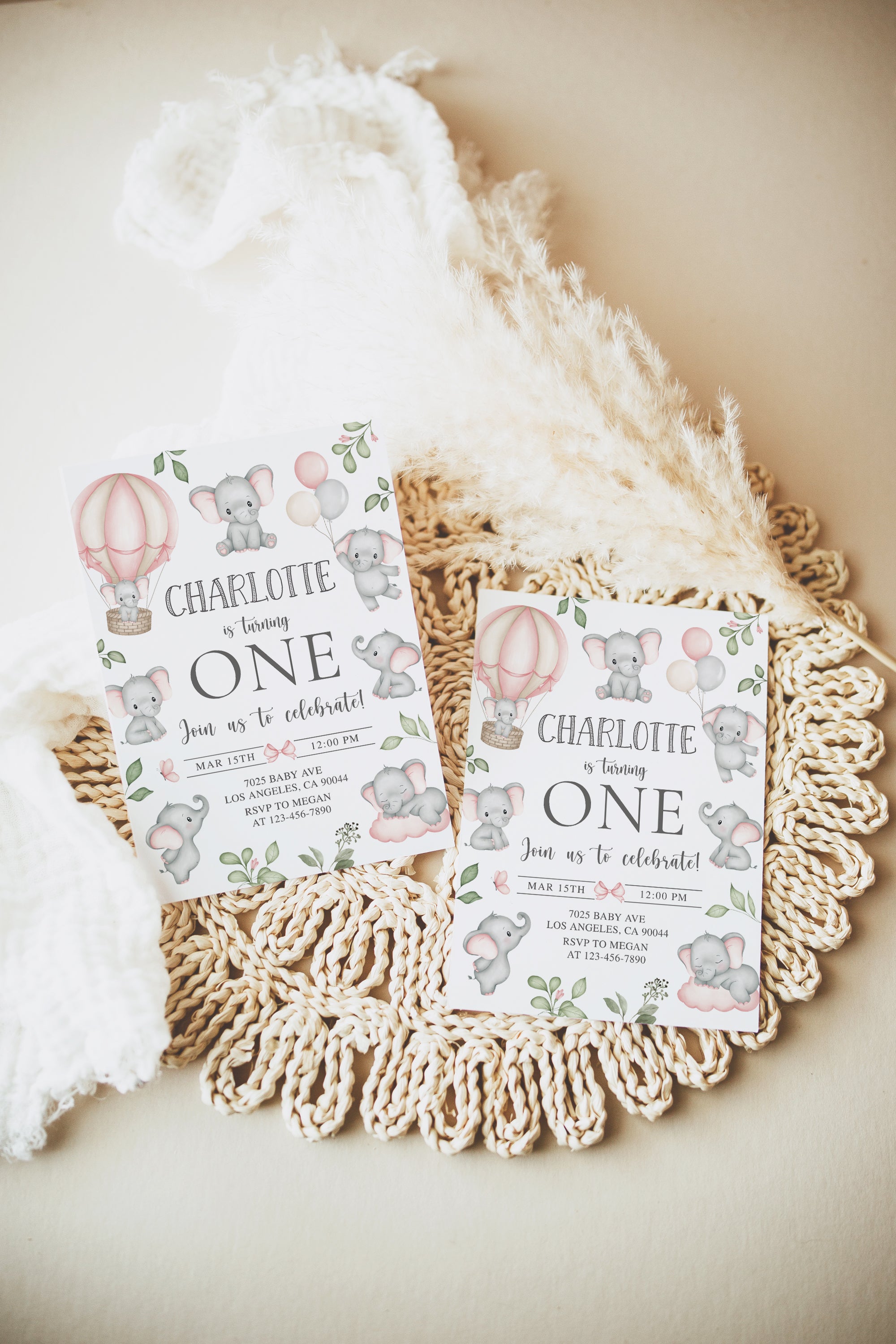 Pink Elephants Birthday Invite