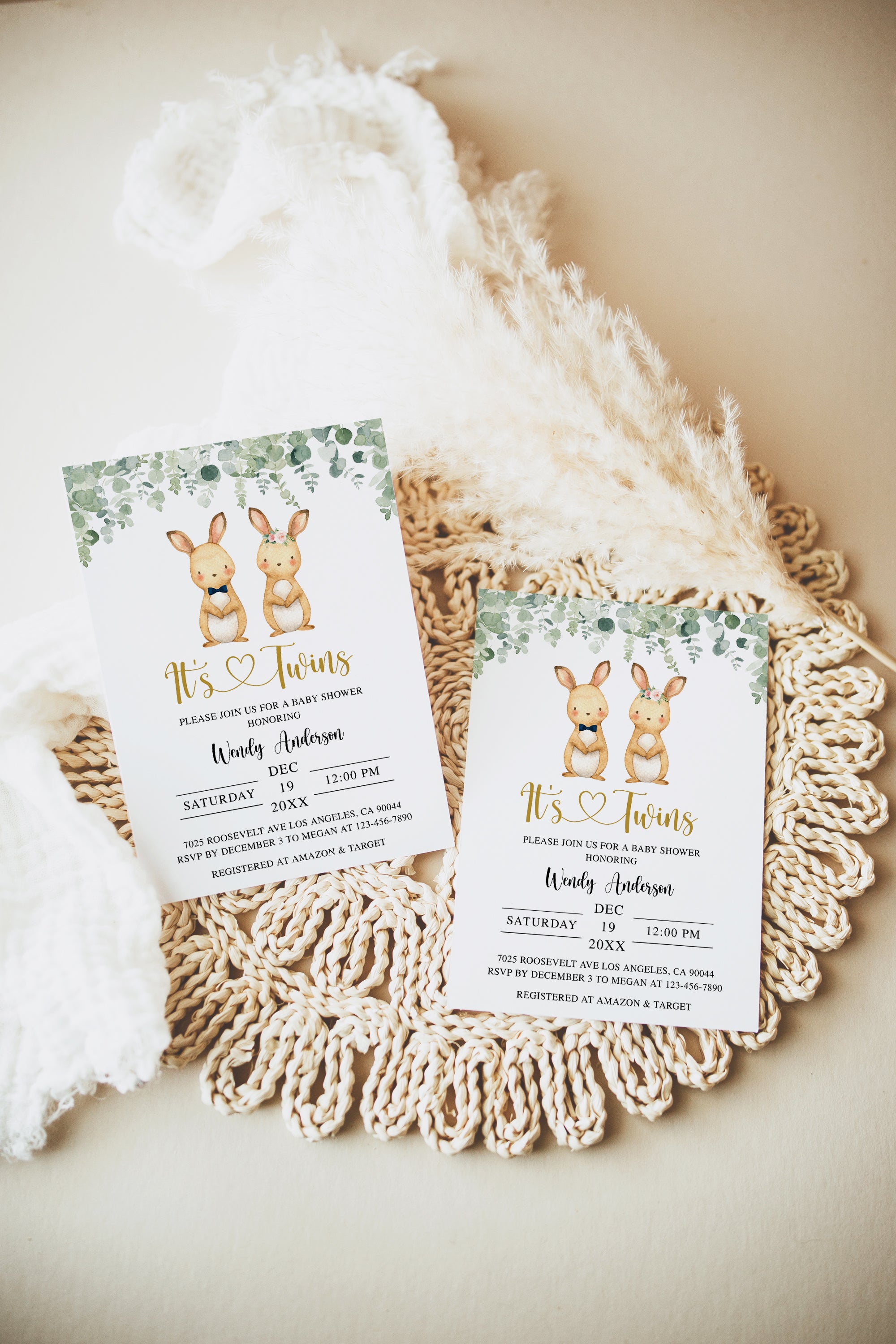 Twin Bunnies Baby Shower Invite