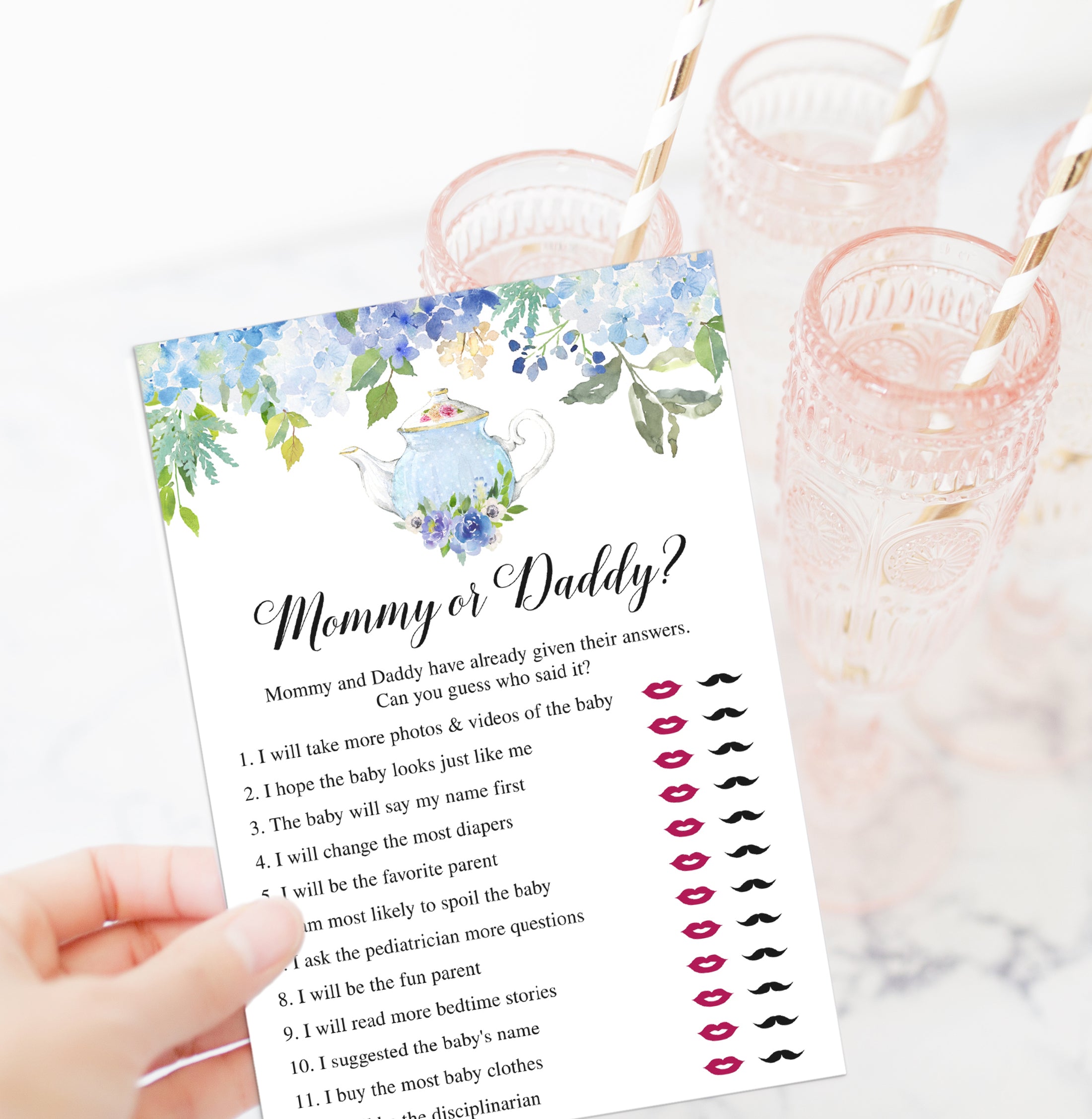 14 Blue Floral Tea Party Baby Shower Games