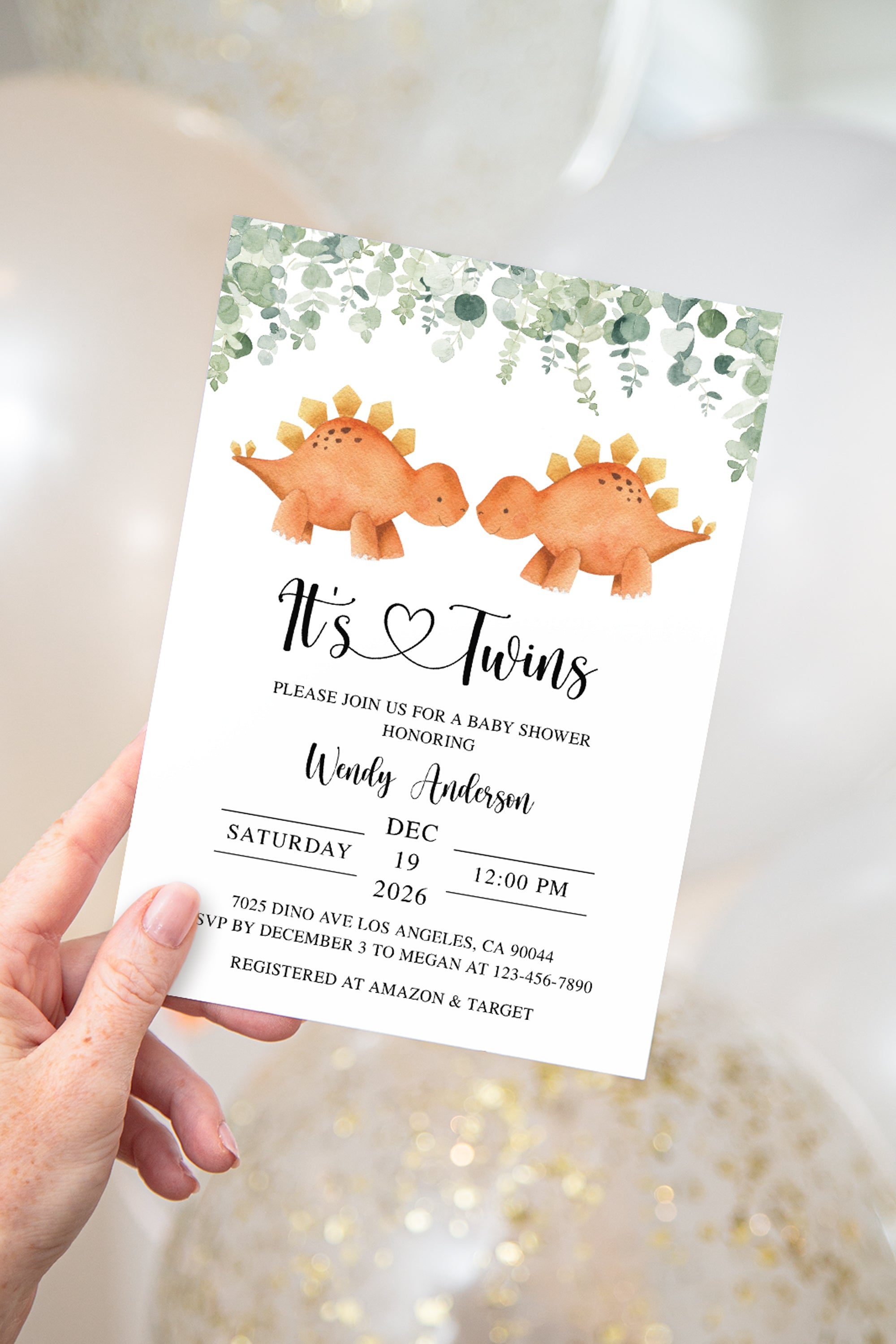 Twin Triceratops Baby Shower Invite