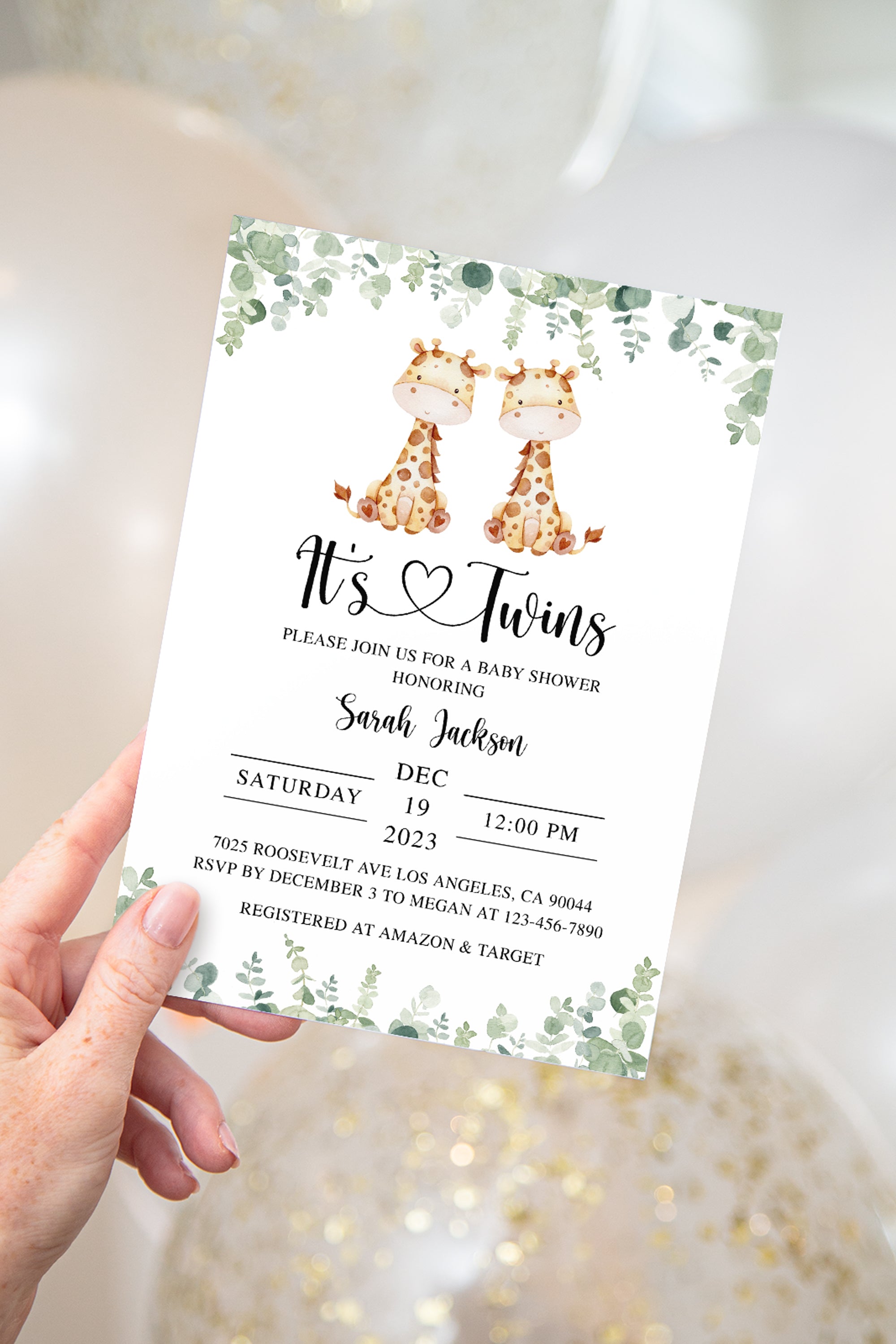 Twin Giraffes Baby Shower Invite