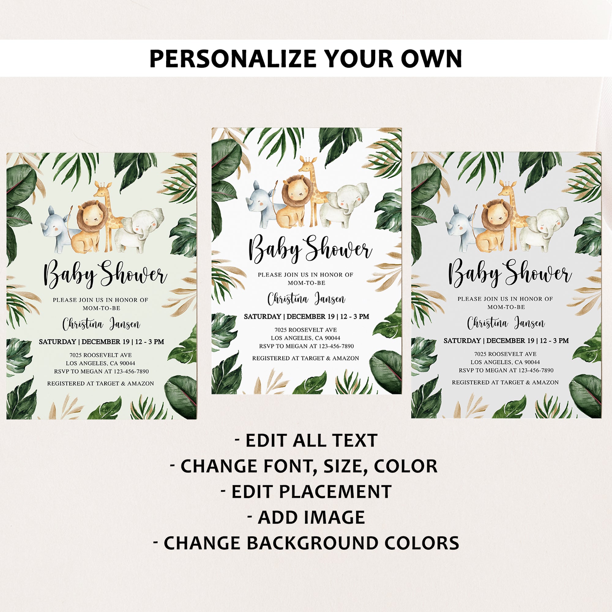 Jungle Animals Baby Shower Invite & Games