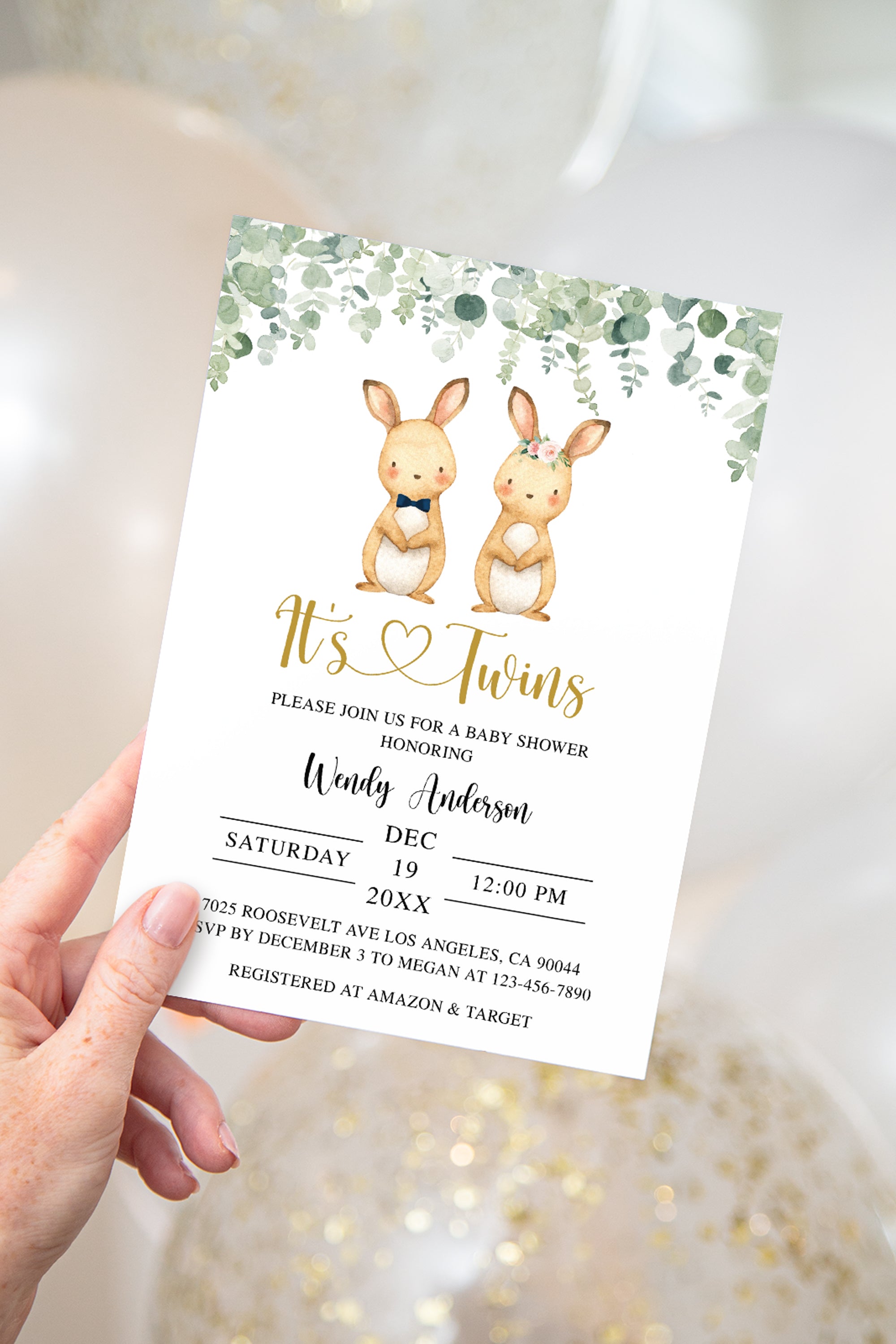 Twin Bunnies Baby Shower Invite