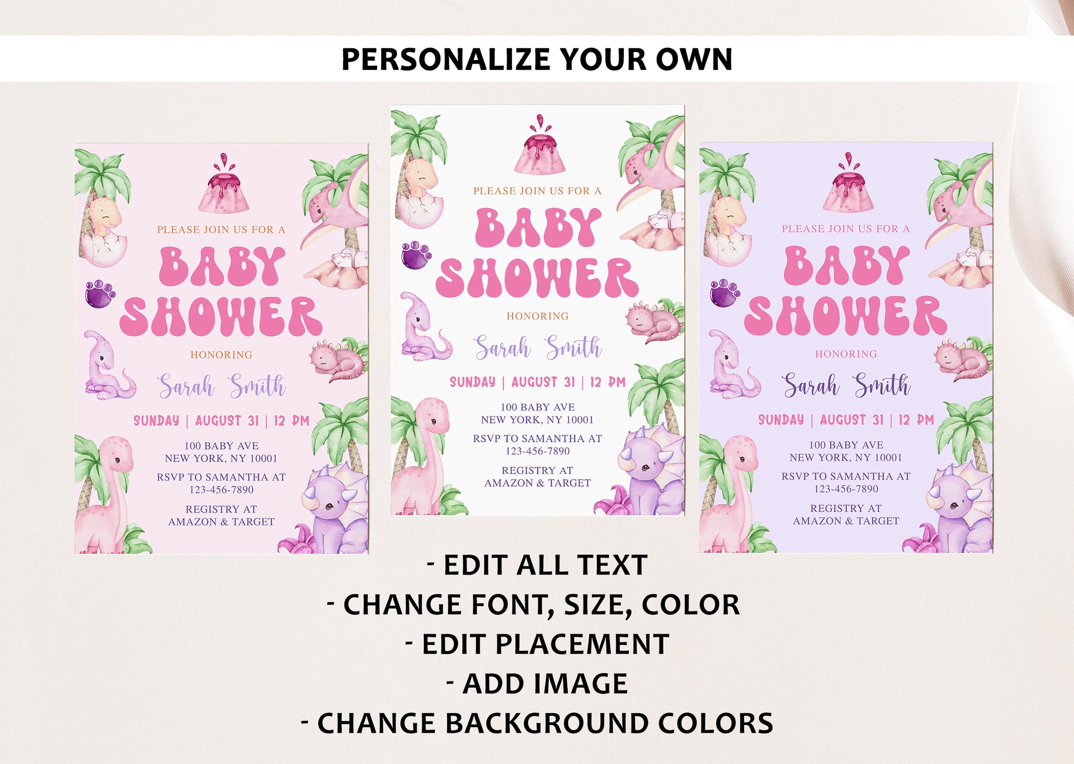 Girl Dinosaur Baby Shower Invite & Games