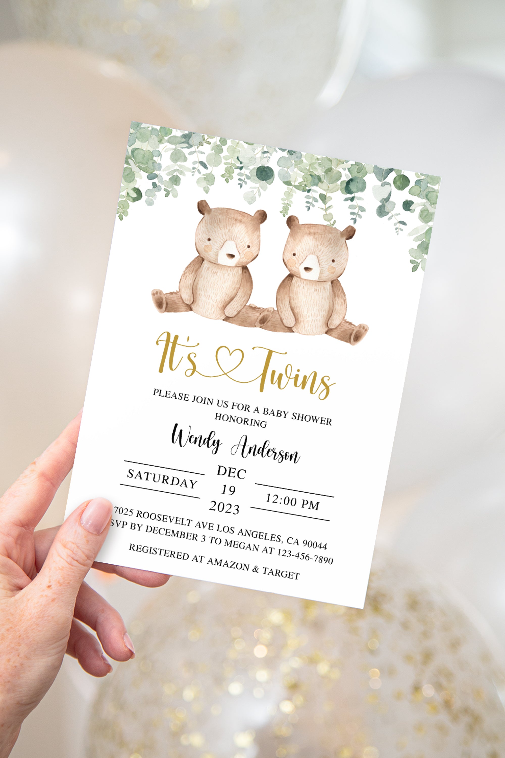 Twin Bears Baby Shower Invite