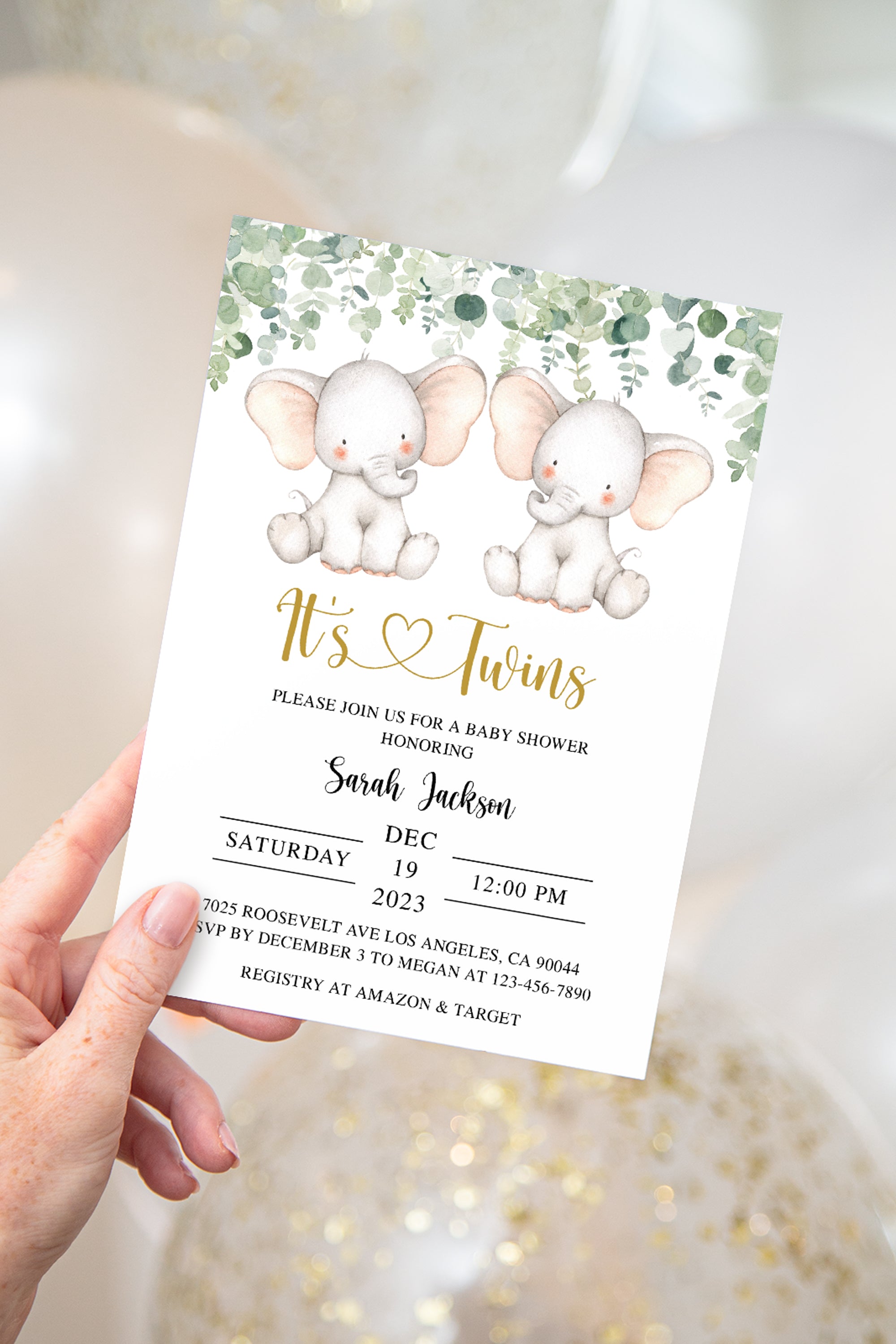 Elephant Twins Baby Shower Invite