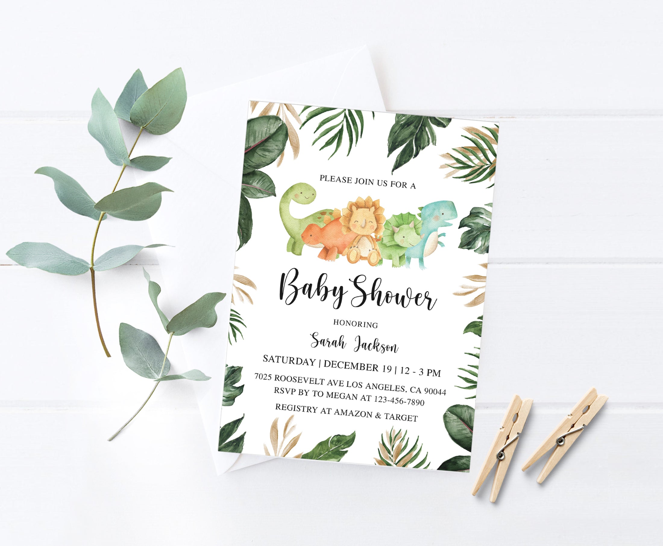 Tropical Dinosaur Baby Shower Invite & Games