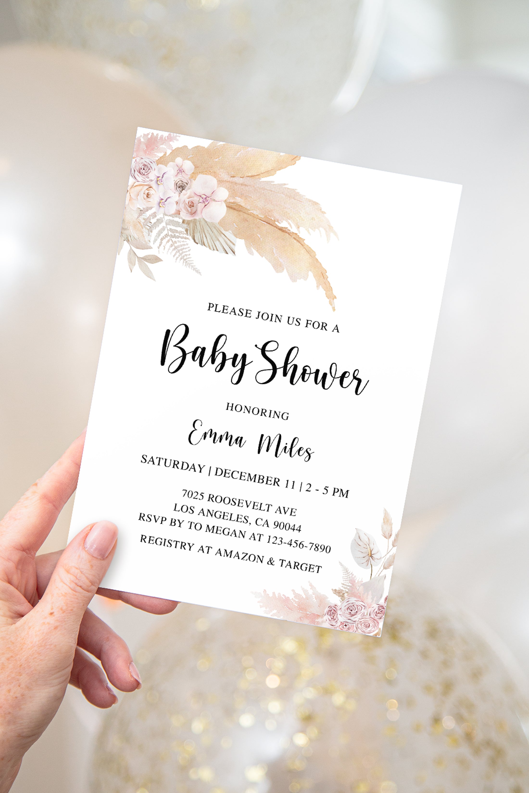 Pampas Bohemian Baby Shower Invite & Games