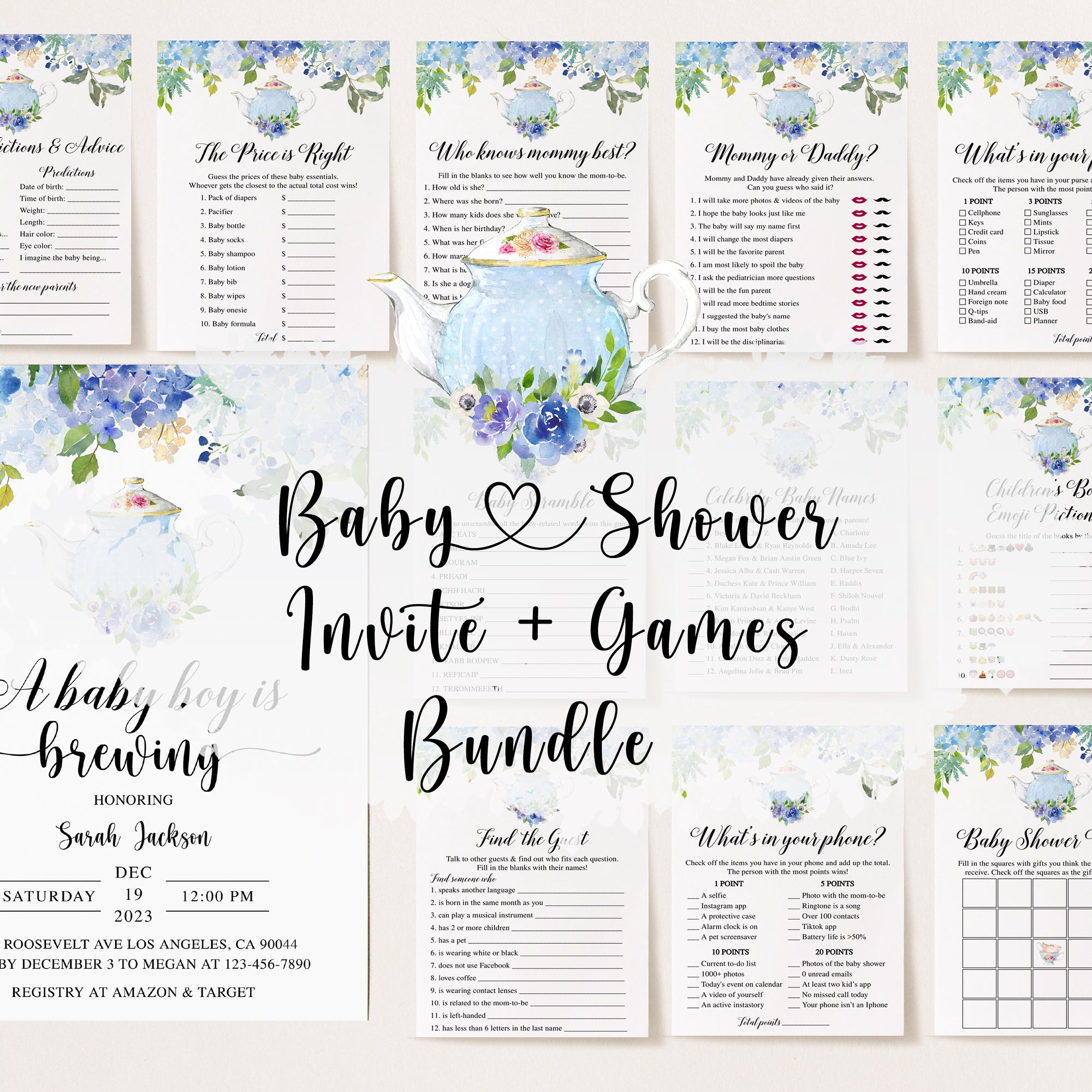 Blue Tea Party Baby Shower Invite & Games