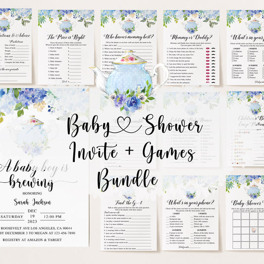 Blue Tea Party Baby Shower Invite & Games