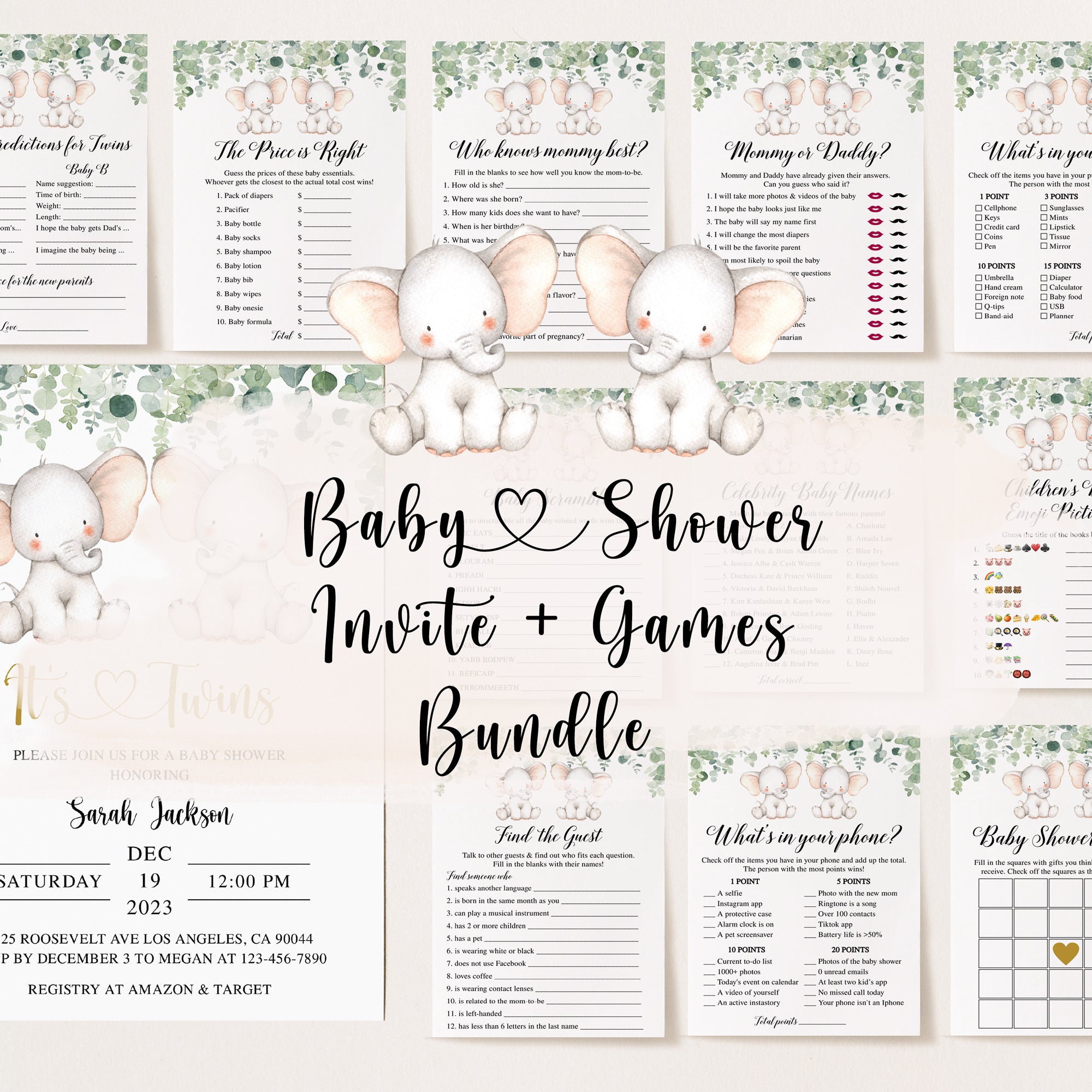 Twin Elephant Baby Shower Invite & Games Bundle