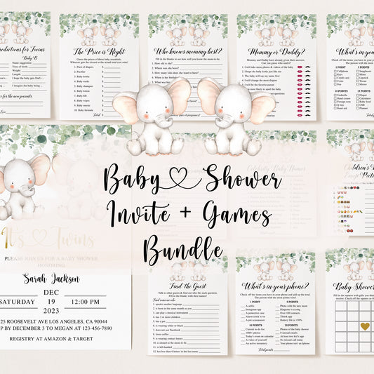 Twin Elephant Baby Shower Invite & Games Bundle