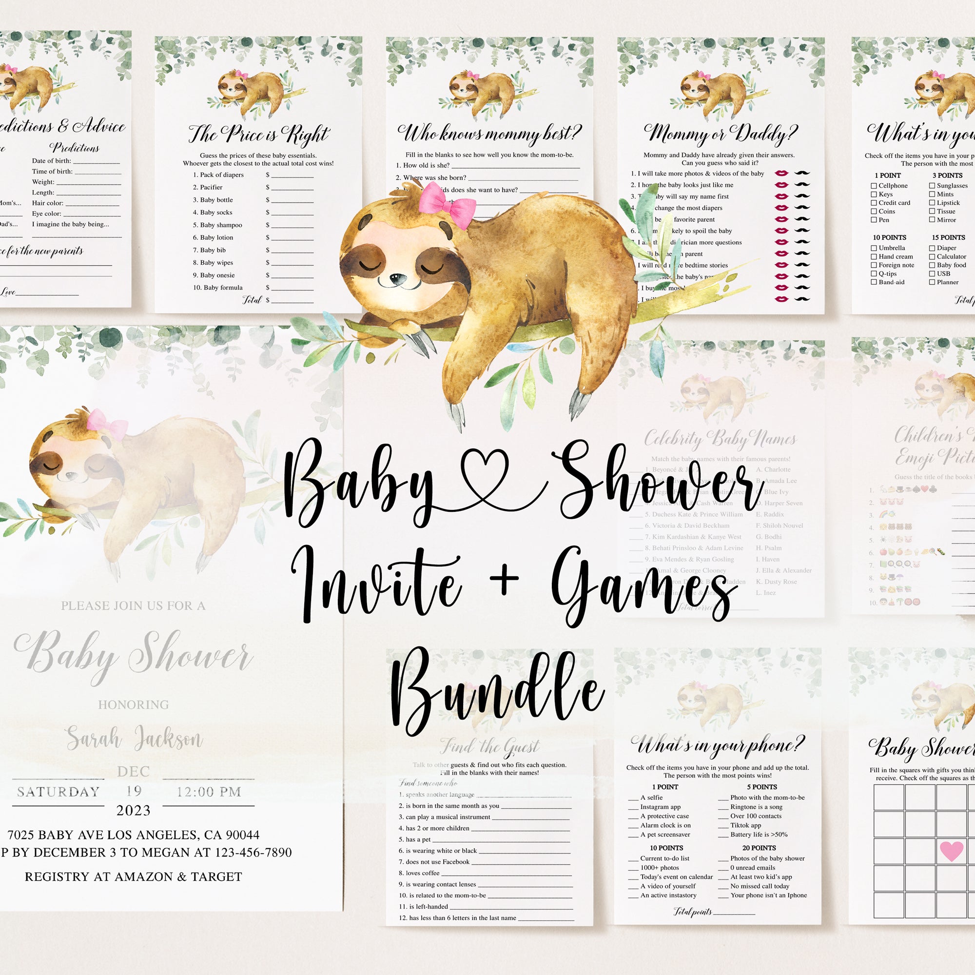 Girl Sloth Baby Shower Invite & Games