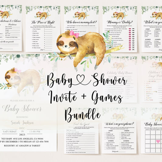 Girl Sloth Baby Shower Invite & Games