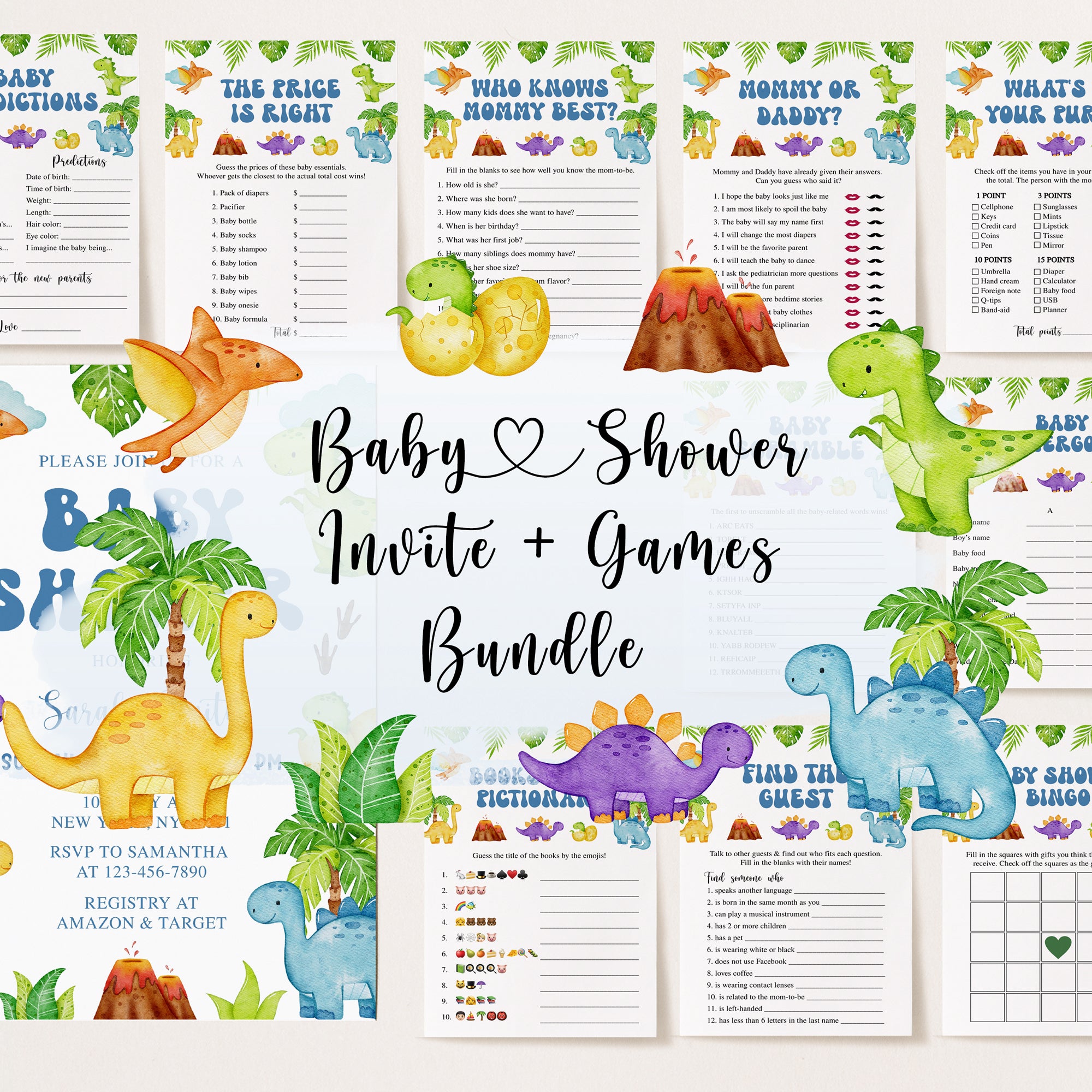 Colorful Dinosaurs Baby Shower Invite & Games