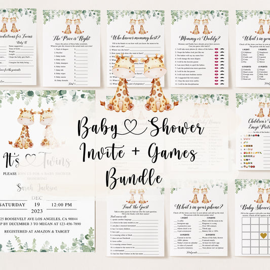 Twin Giraffe Baby Shower Invite & Games Bundle