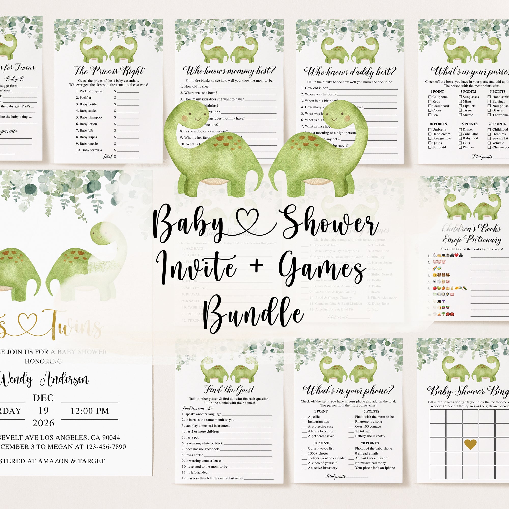 Twin Dinosaurs Baby Shower Invite & Games Bundle