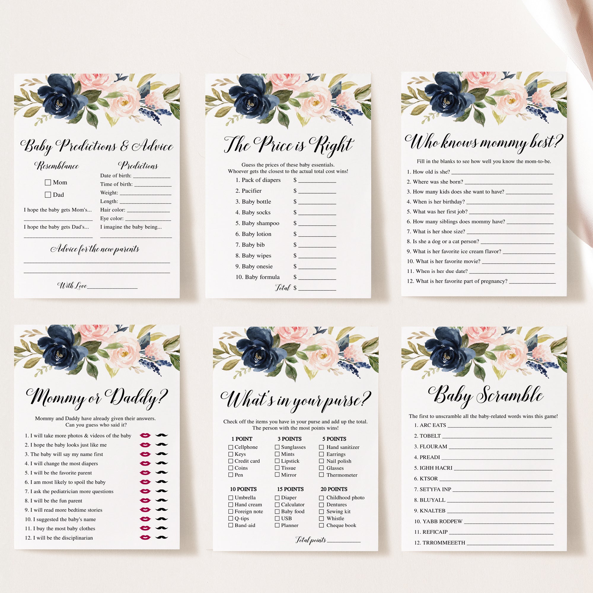 14 Navy Blush Floral Baby Shower Games