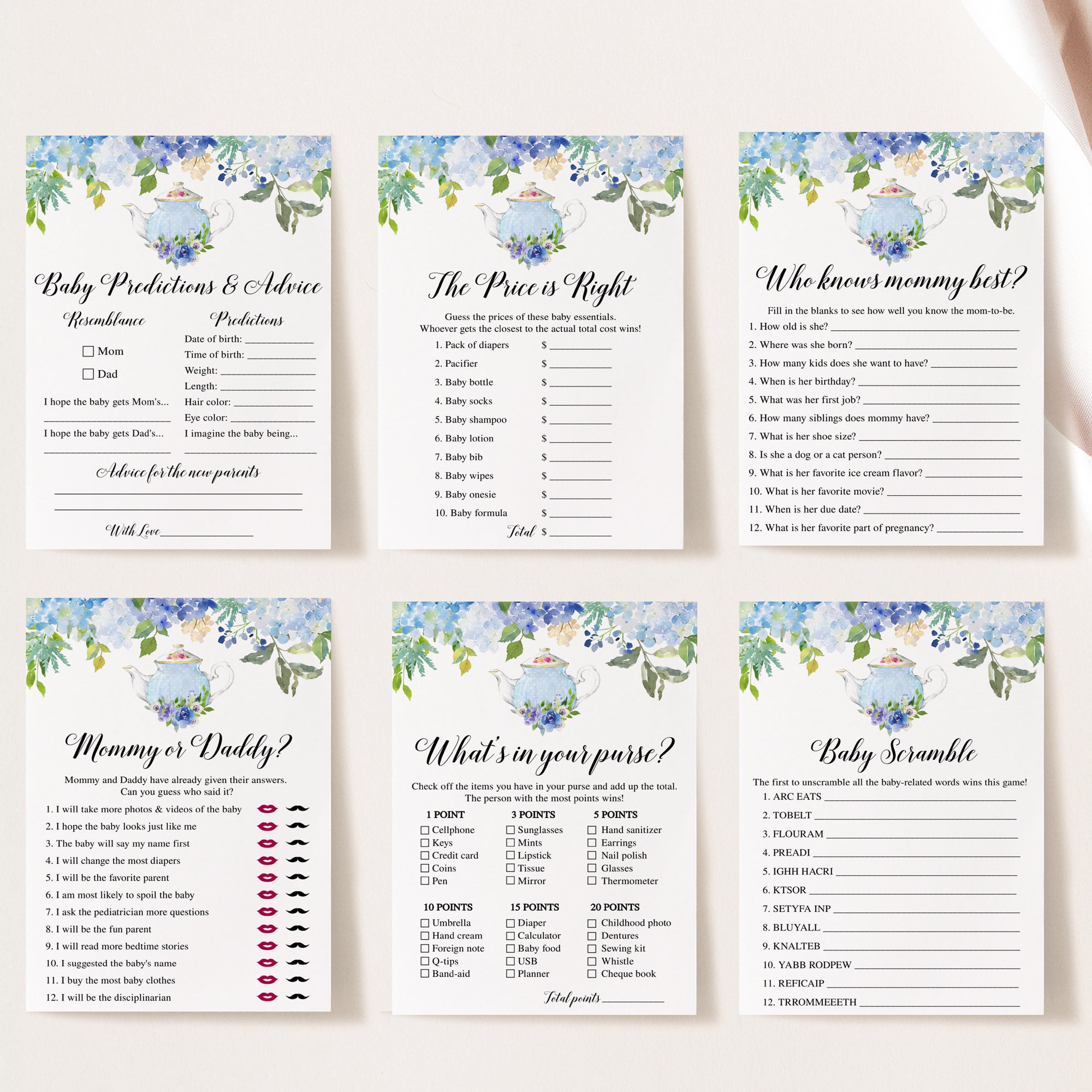 14 Blue Floral Tea Party Baby Shower Games