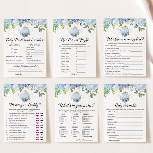 14 Blue Floral Tea Party Baby Shower Games