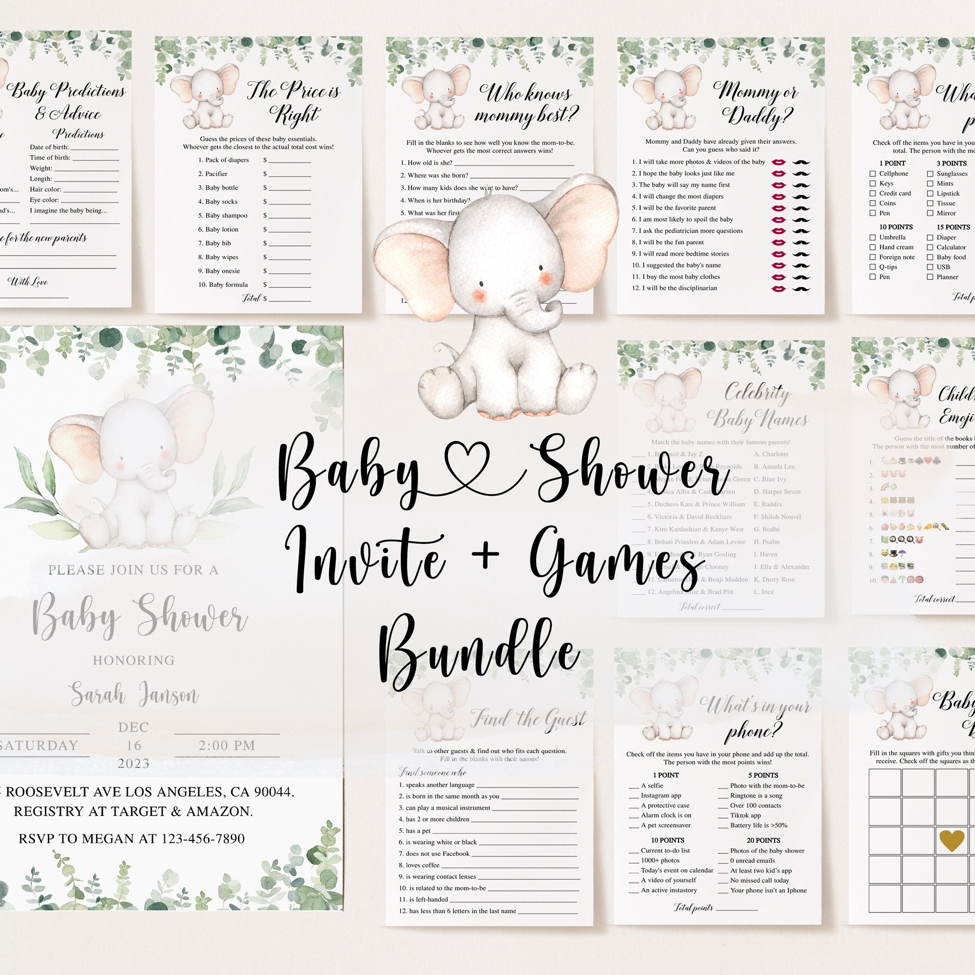 Elephant Baby Shower Invite & Games