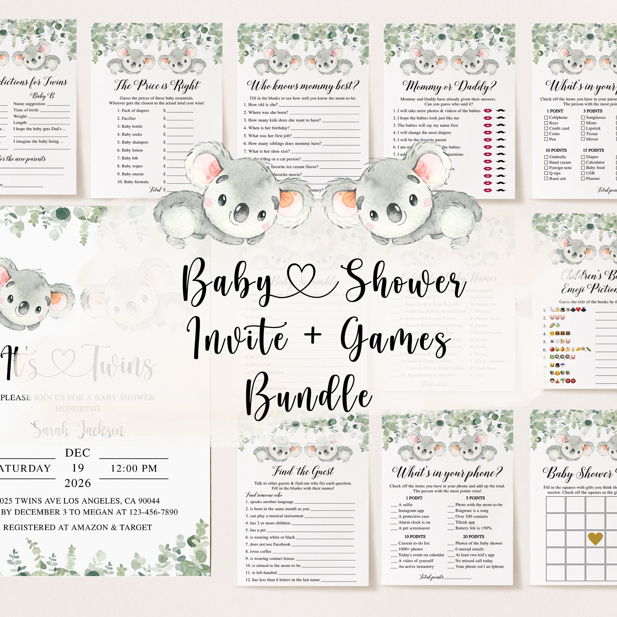 Twin Koala Baby Shower Invite & Games Bundle