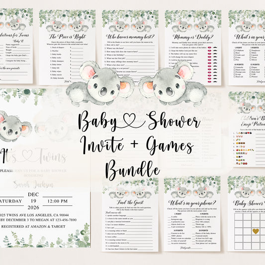 Twin Koala Baby Shower Invite & Games Bundle