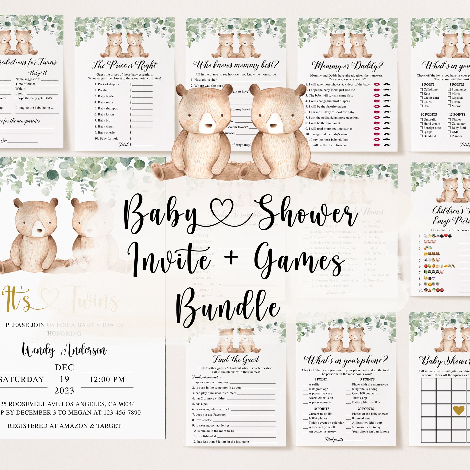 Twin Bears Baby Shower Invite & Games Bundle