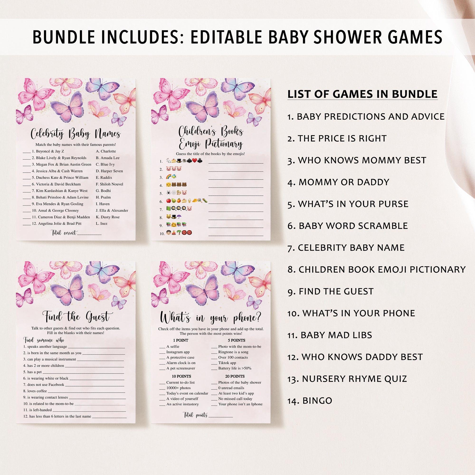 14 Butterflies Baby Shower Games