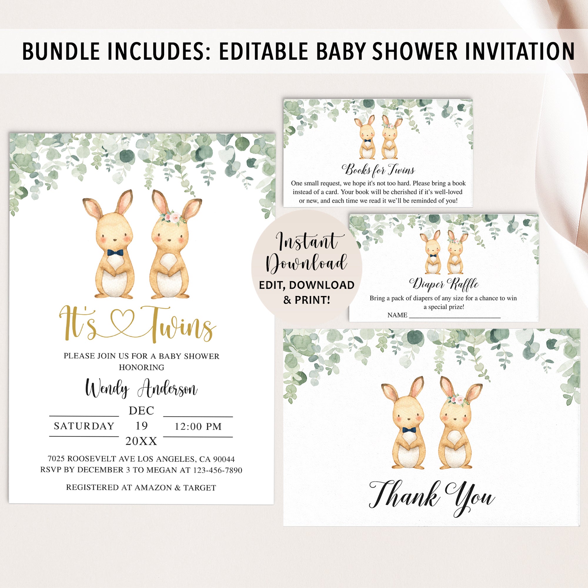 Complete Twin Bunnies Baby Shower Bundle