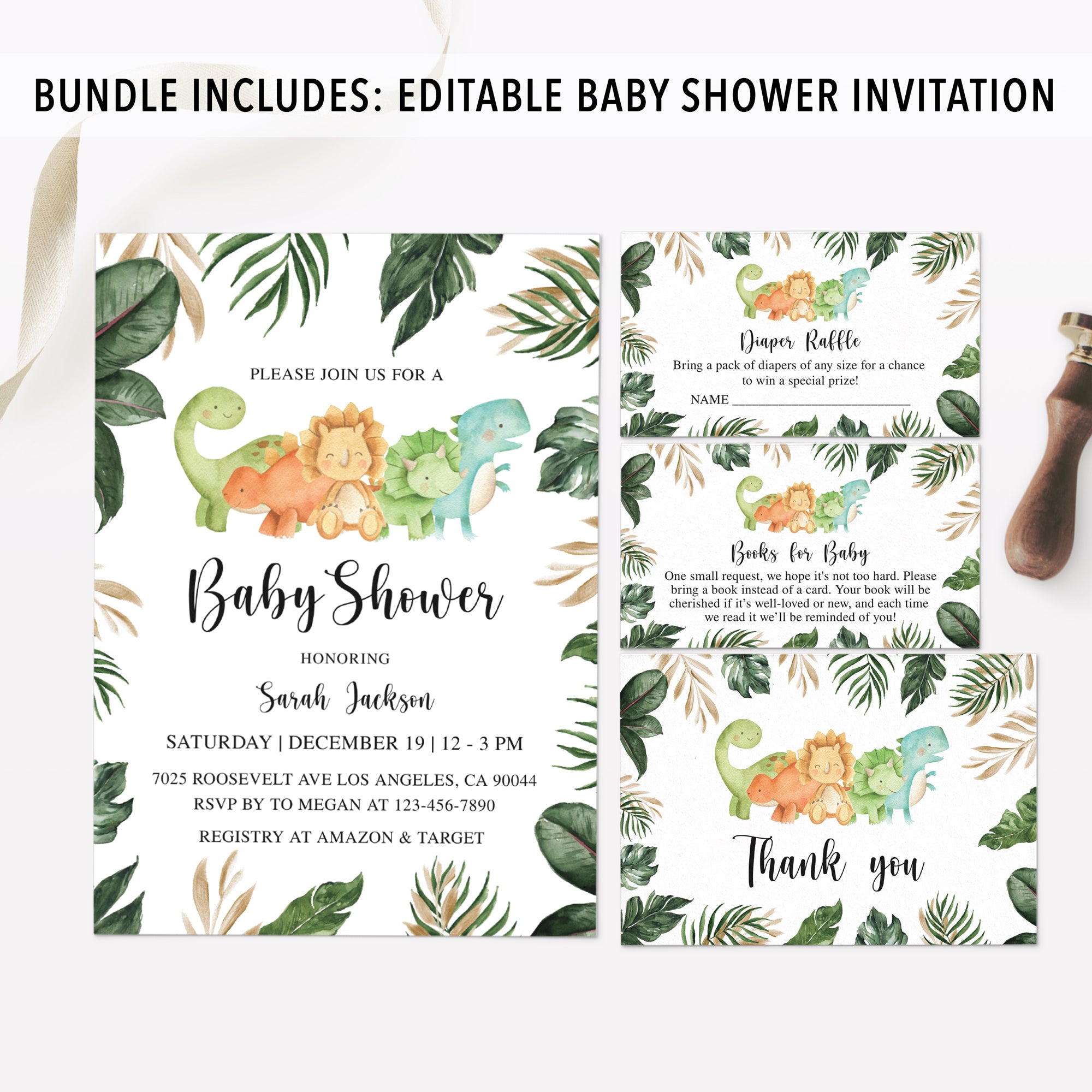 Tropical Dinosaur Baby Shower Invite & Games