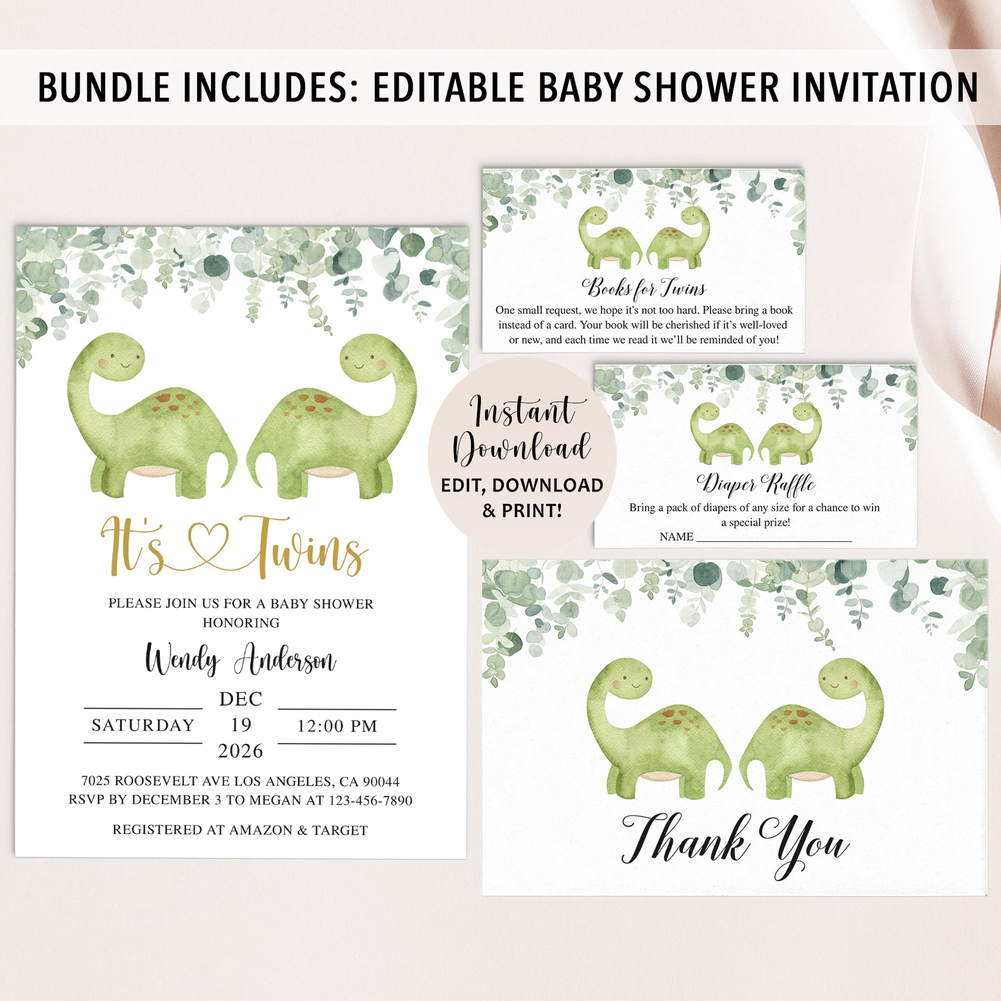 Complete Twin Dinosaurs Baby Shower Bundle