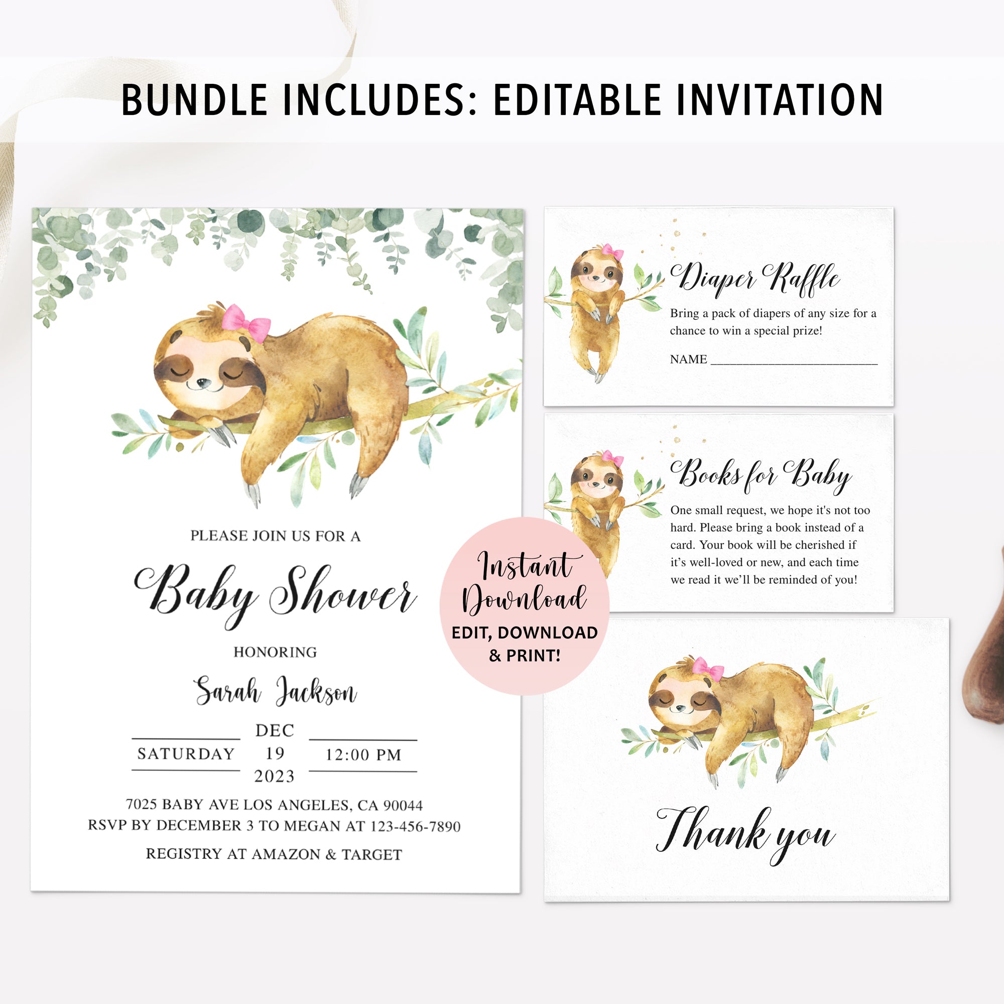 Girl Sloth Baby Shower Invite & Games