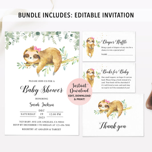 Girl Sloth Baby Shower Invite & Games