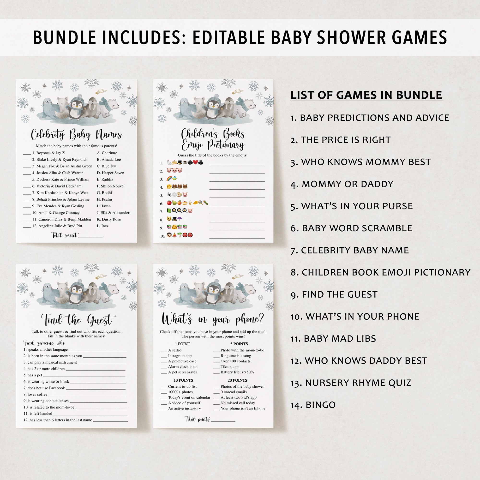 14 Winter Animals Baby Shower Games