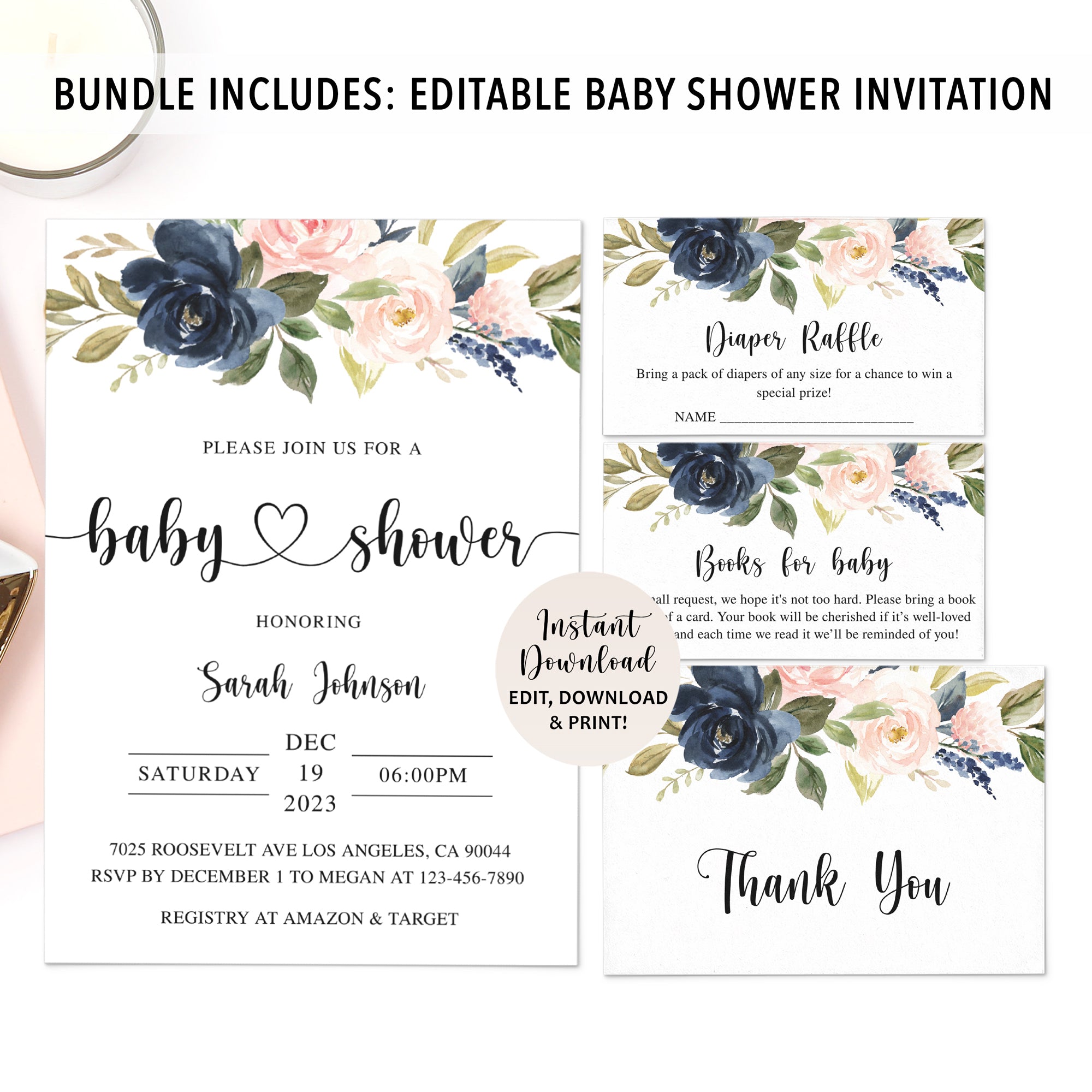 Blush Navy Floral Baby Shower Invite & Games