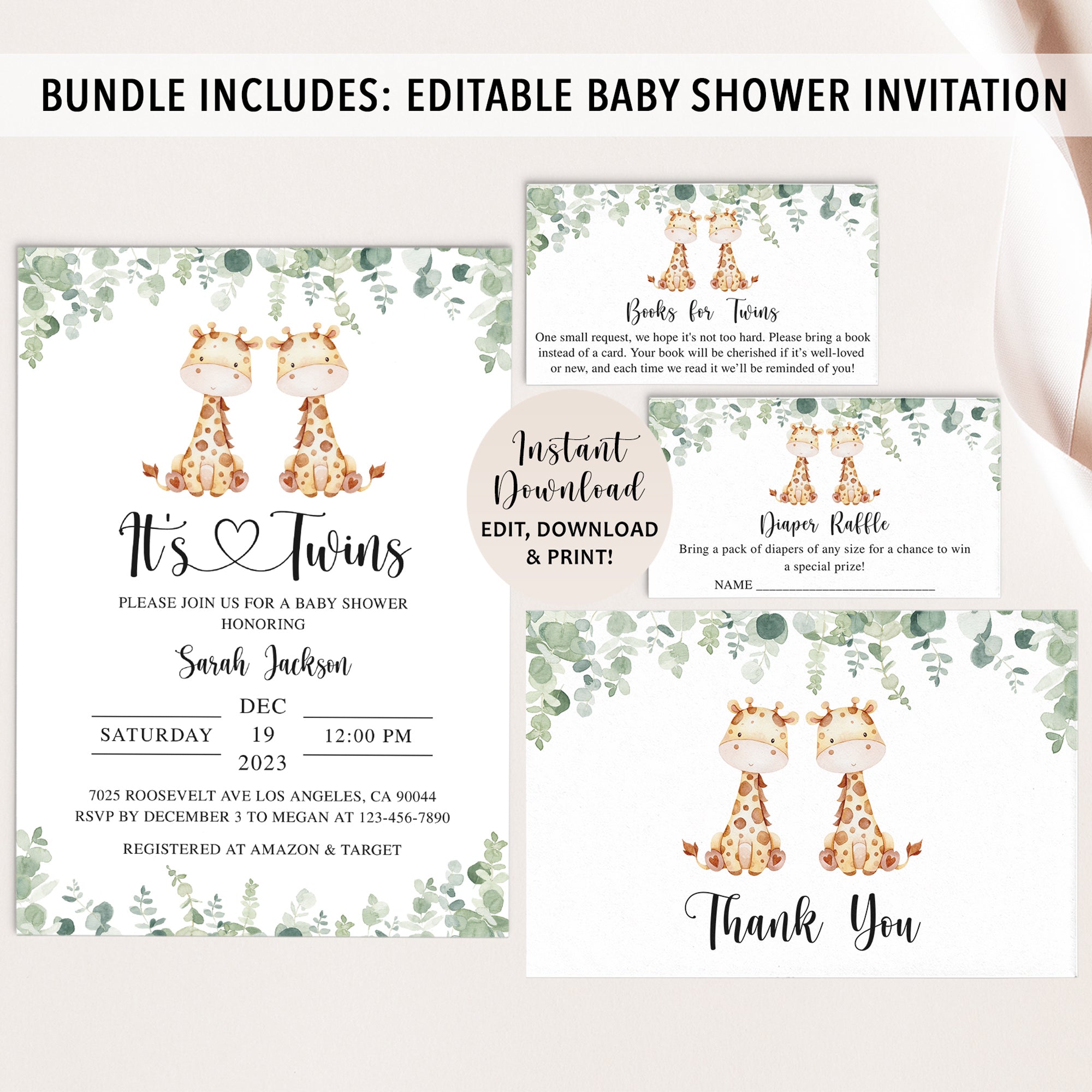 Complete Twin Giraffes Baby Shower Bundle