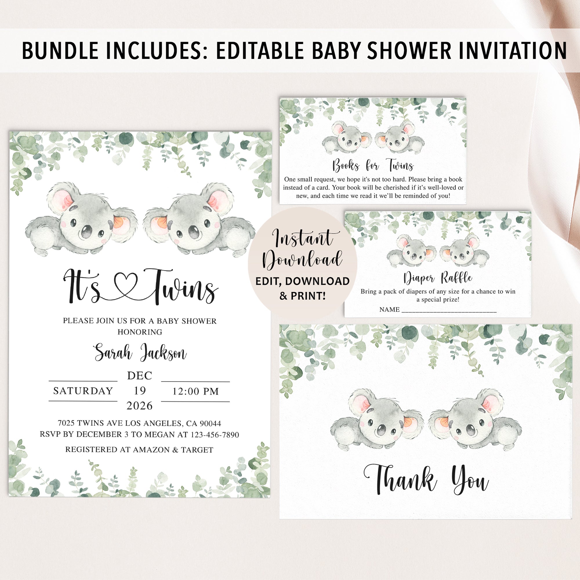 Twin Koala Baby Shower Invite & Games Bundle