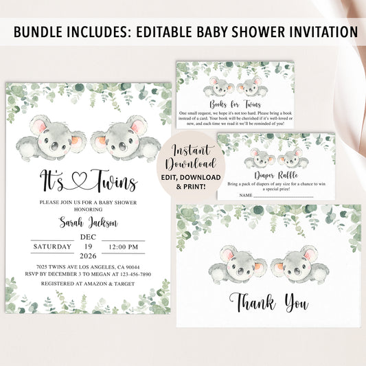 Twin Koala Baby Shower Invite & Games Bundle