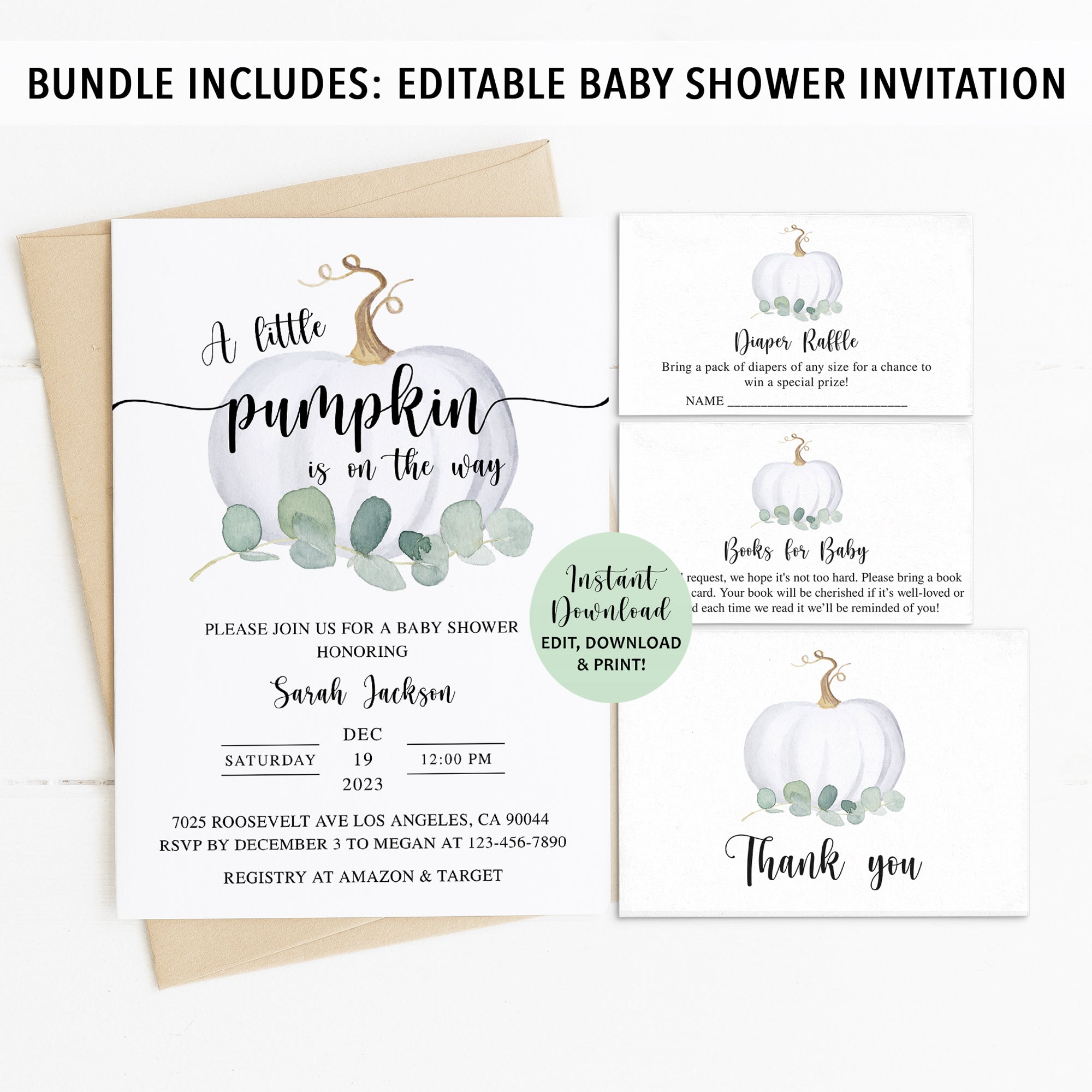 Complete Greenery Pumpkin Baby Shower Bundle