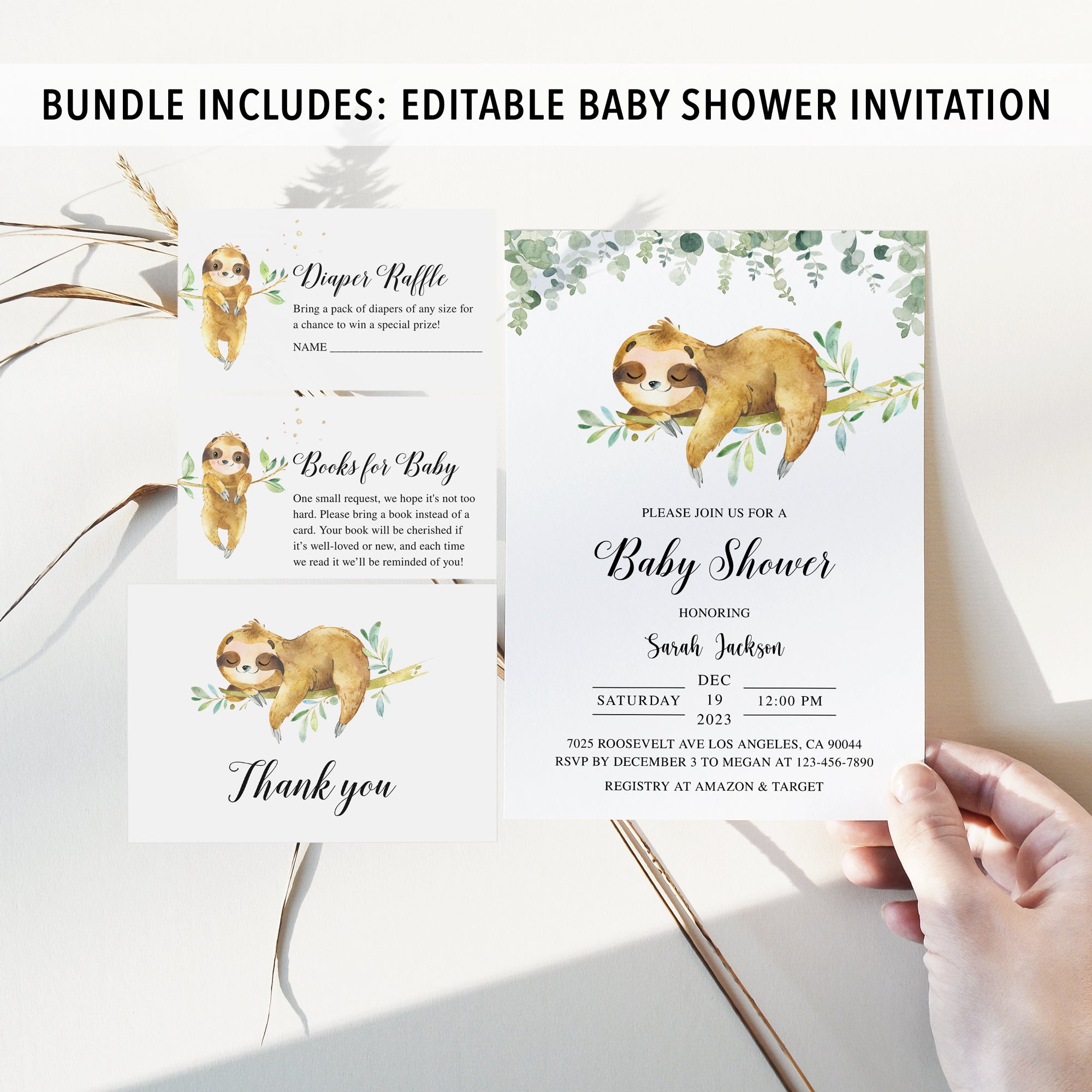 Sloth Baby Shower Invite & Games