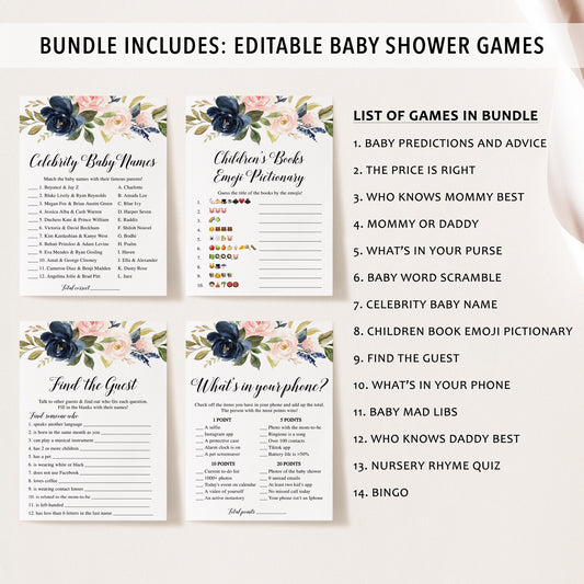 14 Navy Blush Floral Baby Shower Games