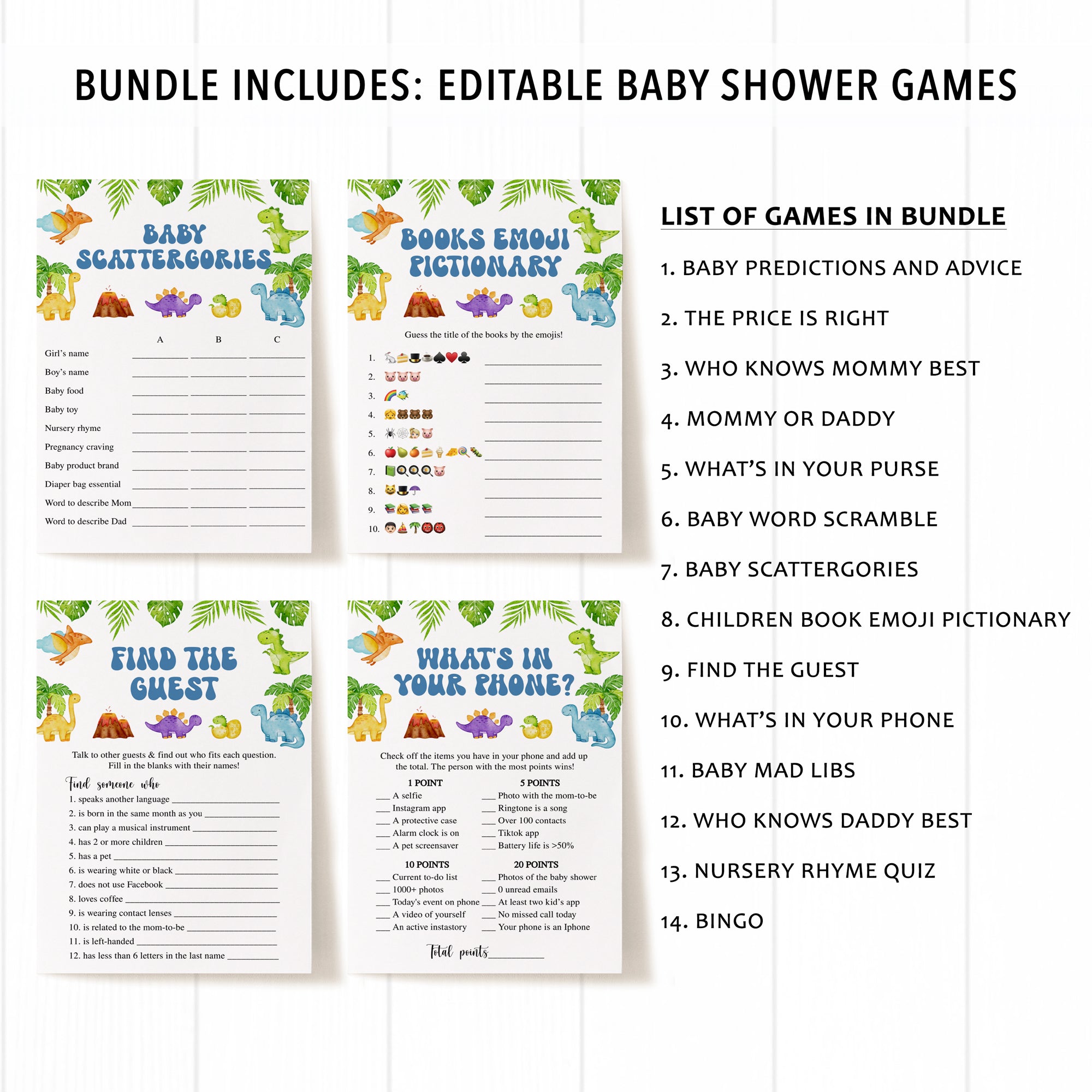 14 Colorful Dinosaurs Baby Shower Games